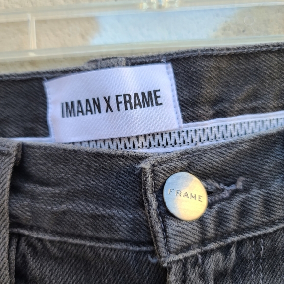 Imaan x Frame | Distressed Knee Length Bermuda Cut Off Gray Denim Shorts Size 24 - Picture 3 of 13